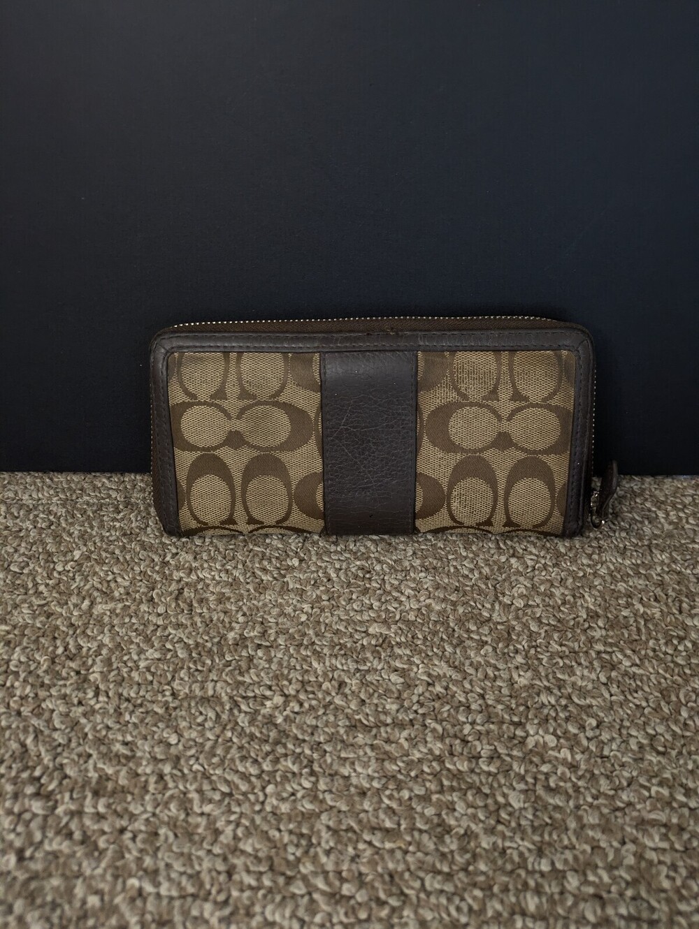 Coach Park Signature Accordion Zip Around Wallet Khaki Mahogany Canvas Leather